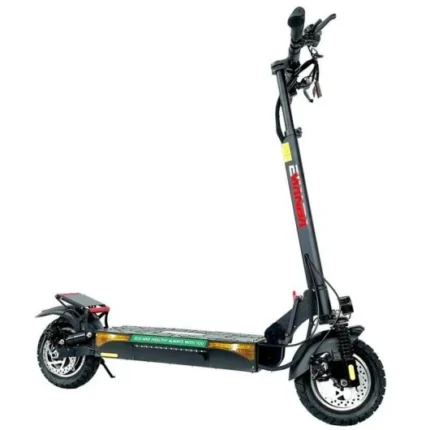 Electric off-road electric scooter with tall handlebar, oversized tires, and long deck.