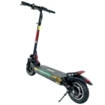 Electric kick scooter with a wide deck, handlebar, and large rear wheel on a white background, shown upright with a kickstand down.