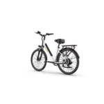 White electric bike with a step-through frame, front and rear racks, and black tires on a white background