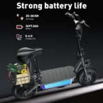 Electric scooter with a rear basket of groceries; infographic highlights 25–30 km range, 36V 7.8Ah battery, and 5–6 h charging time.