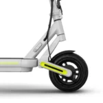 Close-up of a gray electric scooter's front wheel and folding stem with neon yellow suspension arm against a white background.