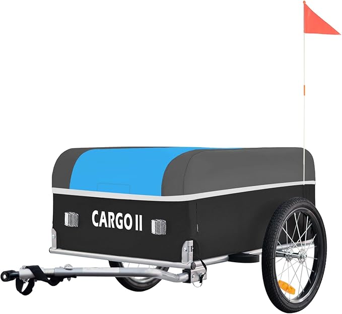 614VCTVSWVL_AC_SX679_ - NEVORIXT Two-wheeled cargo trailer with a blue cover and black body labeled 'CARGO II', hitched to a tow bar with a red flag at the rear.