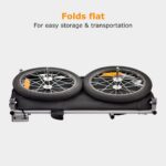 Foldable bike rack with two wheels secured on a black platform for easy storage and transport.