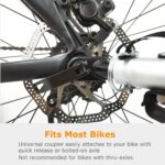 Close-up of a bike's rear hub with a universal coupler attached to the axle (disc brake visible) to show how it mounts to most bikes, including quick-release or bolted-on axles.