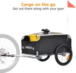 Bike trailer with a black cargo bag labeled 'CARGO II' attached to a bicycle, and an orange flag on a tall pole