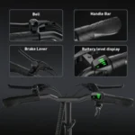 Close-up of an e-bike handlebar showing a bell, grip, brake lever, and a battery level display.