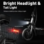 Bike with front LED headlight and red taillight for enhanced night visibility; includes labeled features.