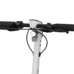 Close-up of a white electric scooter's handlebar stem with headlight, brake cables, and grip area