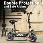 Electric scooter with front and rear drum brakes; text reads 'Double Protection and Safe Riding' and 'Front and Rear Drum Brakes'.