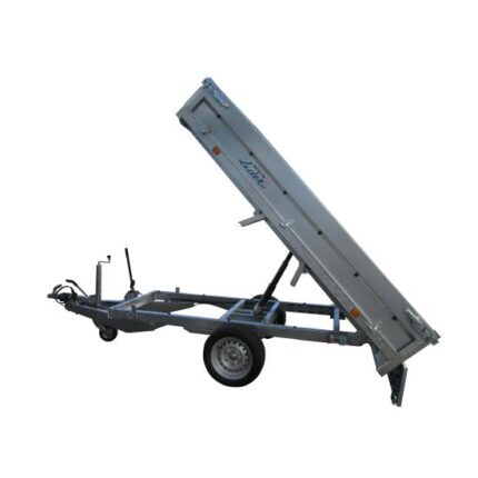 Tilting utility trailer on a single axle with a raised bed ready to dump materials for unloading
