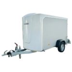 Enclosed white cargo trailer on a single axle with a hitch and jack stand.